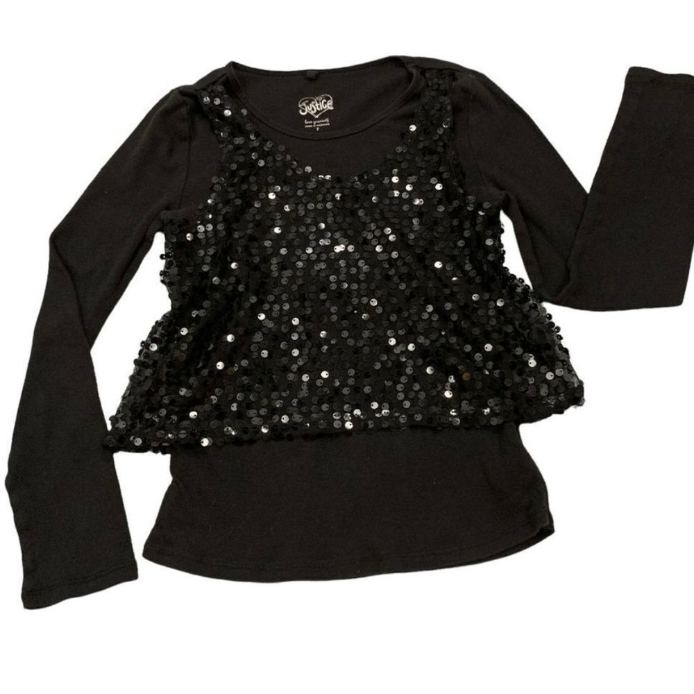 Justice | Sequin Overlay Long Sleeve Tee | Black | 7